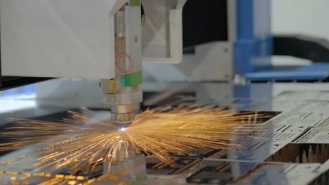 Laser cutting machine working with sheet metal with sparks Stock Footage