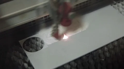 Laser cutting in printing. High precision CNC laser cutting metal sheet Video stock 83297558