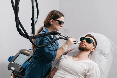 Laser depilation of beard contour. Stock Photos