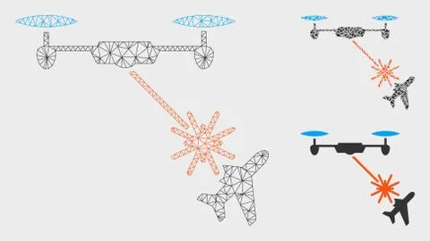 Laser Drone Attacks Airplane Vector Mesh 2D Model and Triangle Mosaic Icon Stock Illustration