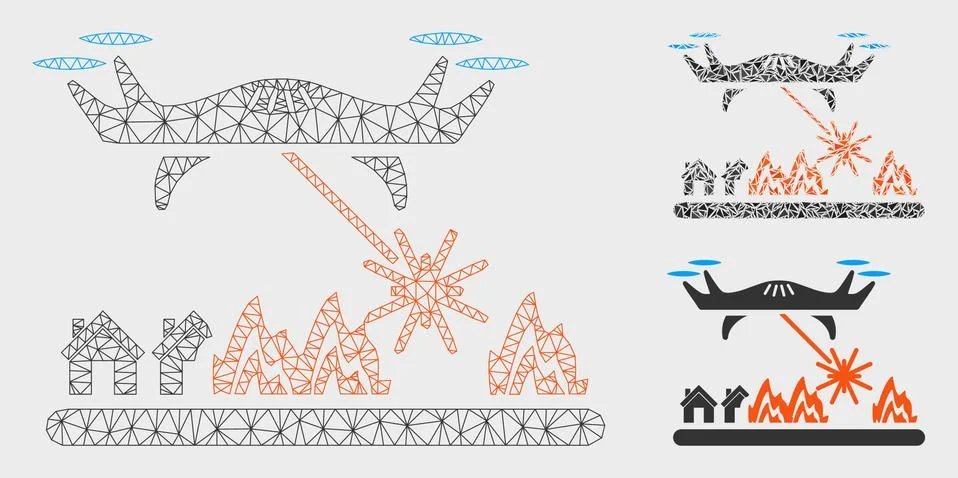 Laser Drone Attacks Village Vector Mesh Network Model and Triangle Mosaic Icon Stock Illustration