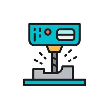 Laser engraving machine, cnc milling machine flat color line icon. Illustrazione stock