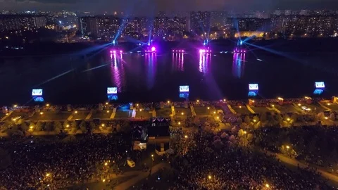 Laser light night disco show fast huge ray performance party crowd Moscow Aerial Stock Footage 116266927