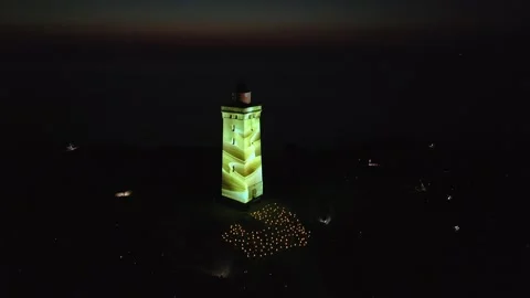 Laser light show at the lighthouse at nightLighthouse Rubjerg Knude and sand dun Stock Footage 292687150