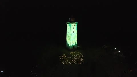 Laser light show at the lighthouse at nightLighthouse Rubjerg Knude and sand dun Video stock 299924765