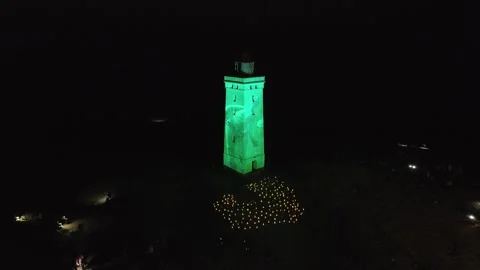 Laser light show at the lighthouse at nightLighthouse Rubjerg Knude and sand dun Stock Footage 301553182