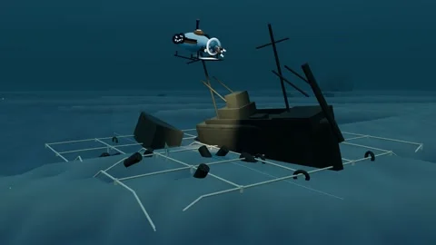 Laser line sweeping across a shipwreck broken into two hull sections in an Stock Footage 344548379