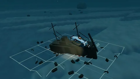Laser line sweeping across a shipwreck bow section in an archaeological survey 스톡 동영상 344548595