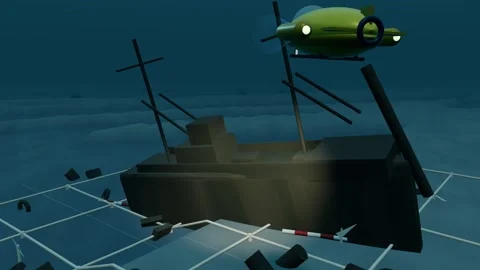 Laser line sweeping across a shipwreck bow section in an archaeological survey Video stock 344548596