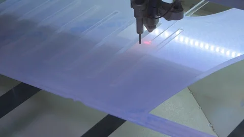 Laser machine cutting  plexiglas plates for social distancing - covid 19 Stock-Footage 129596243