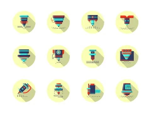 Laser machines round flat color vector icons Stock Illustration