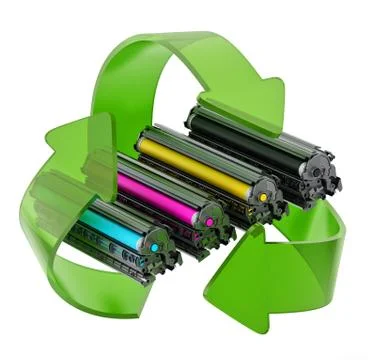 Laser printer CMYK toners inside recycle arrows. 3D illustration イラスト素材