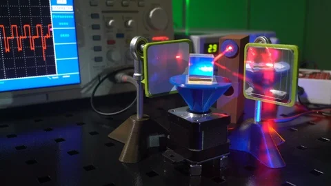 Laser in a quantum optics lab. Semiconductor laser on optical table in a quan Video stock 124993479