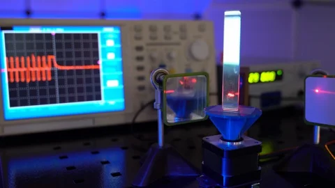 Laser in a quantum optics lab. Semiconductor laser on optical table in a quan Stock Footage 128920905