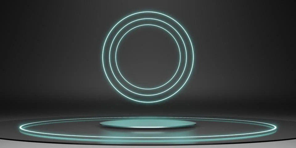 Laser ring podium stage display stand black neon glow background dark 3d il.. Stock Illustration