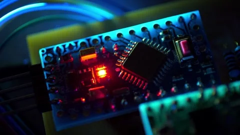 Laser scanning of microcircuit, chips under UV light. Small electronic circuit Stock Footage 278058256