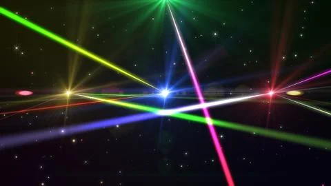 Laser show from multi-colored rays of light in dark in disco. warning, laser  Stock Illustration