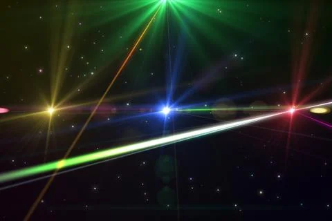 Laser show from multi-colored rays of light in dark in disco. warning, laser  스톡 일러스트