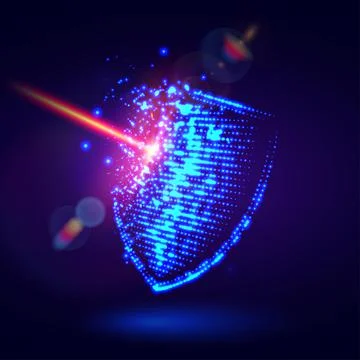 Laser strike digital shield. Damaged protective shield. Breach of defense 스톡 일러스트