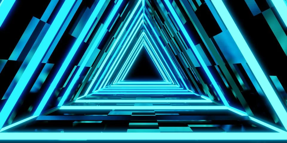 Laser tunnel technology Triangular corridor door of neon light 3d illustratio Stock Illustration