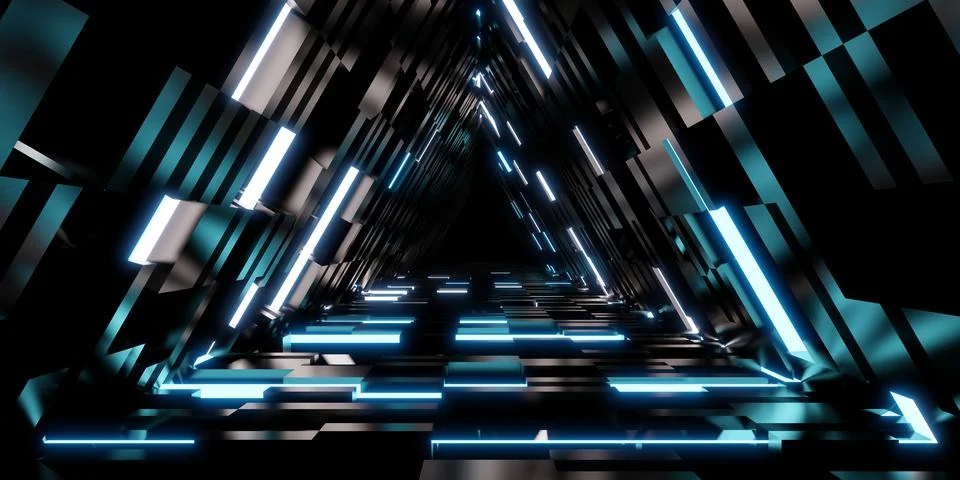 Laser tunnel technology Triangular corridor door of neon light 3d illustratio Illustrazione stock