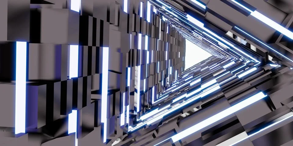 Laser tunnel technology Triangular corridor door of neon light 3d illustratio 스톡 일러스트