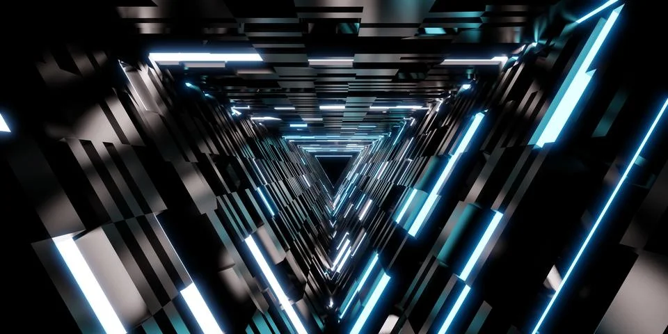 Laser tunnel technology Triangular corridor door of neon light 3d illustratio 스톡 일러스트