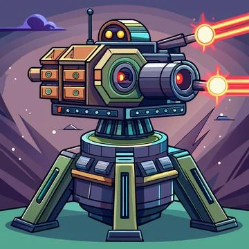 Laser Turret with Rotating Cannon Vector Background Stock Illustration