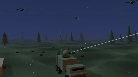 Laser turret tracking drones forest dusk Stock Footage 342256751