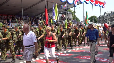 Last day of the 100th Four Days Marches, soldiers passing VIP and generals Stock Footage 66410780