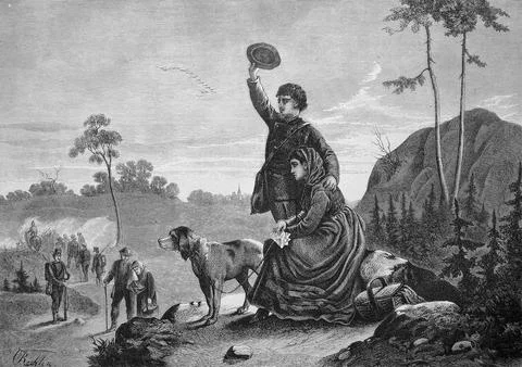 The last goodbye sad couple waves after a column of men leaving for military Stock Illustration