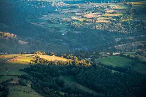 Last lights of the sun over the fields of Triacastela Stock Photos