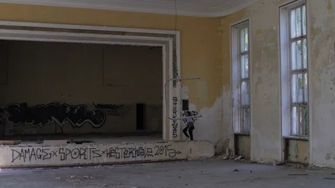 The last man on earth walking on an abandoned stage Stock Footage 73337348