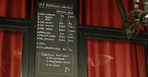 Last menu of Bataclan restaurant cafe theater in Paris, France Stock Footage 69086867