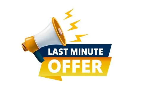 Last minute offer message, megaphone announces news, banner service. Vector Stock Illustration