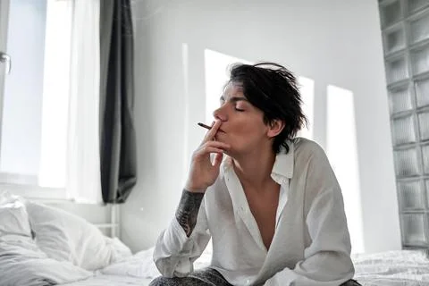 Last puff. man tries to avoid problems Stock Photos
