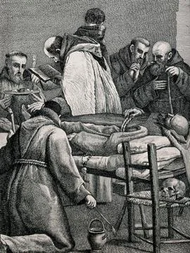 The last rites being administered at the deathbed of a dying monk. Etching .. Stock Illustration