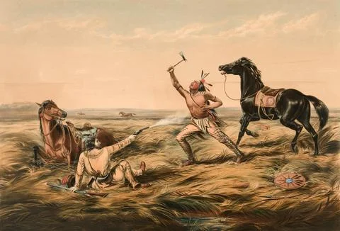 The Last Shot Trapper shoots the attacking Indian with the last bullet 1858 Stock Illustration