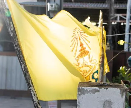 Last sun rays at sunset is lighting the royal Thai flag on a street. Stock Photos