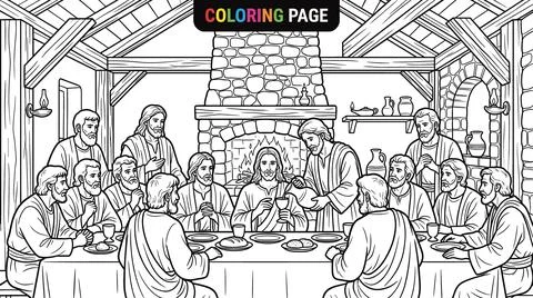 The Last Supper Coloring Page for Religious Education. Stock Illustration