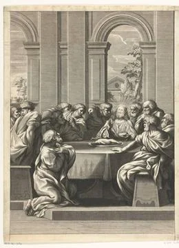 Last Supper. The disciples are sitting around a rectangular table. Christ ... 스톡 사진