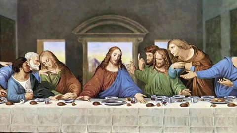 The Last Supper by Leonardo Da Vinci painting animation, camera is moving Stock Footage