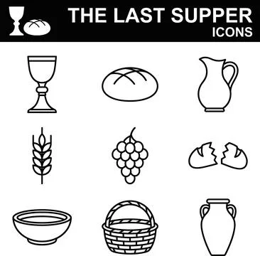 Last Supper line icon set with Christian symbols of bread and wine. Stock Illustration