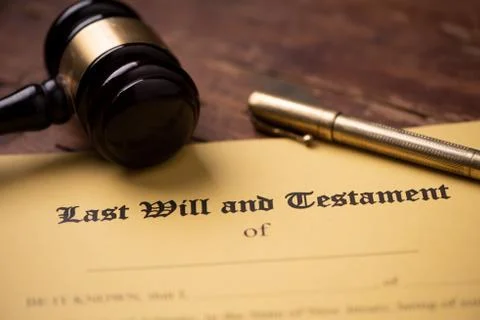 Last will and testament form with gavel. Decision, financial Stock Photos