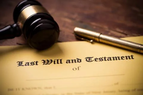 Last will and testament form with gavel. Decision, financial Stock Photos