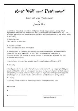 Last Will and Testament of James Doe, illustration Stock Illustration