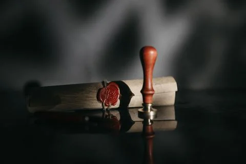 Last will theme. Document with wax seal and stamp in notary office Stock Photos