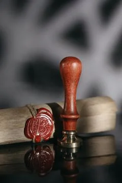 Last will theme. Document with wax seal and stamp in notary office Stock Photos