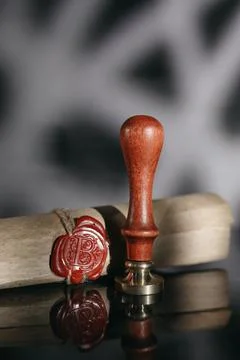 Last will theme. Document with wax seal and stamp in notary office Stock Photos