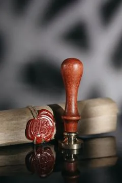 Last will theme. Document with wax seal and stamp in notary office Stock Photos